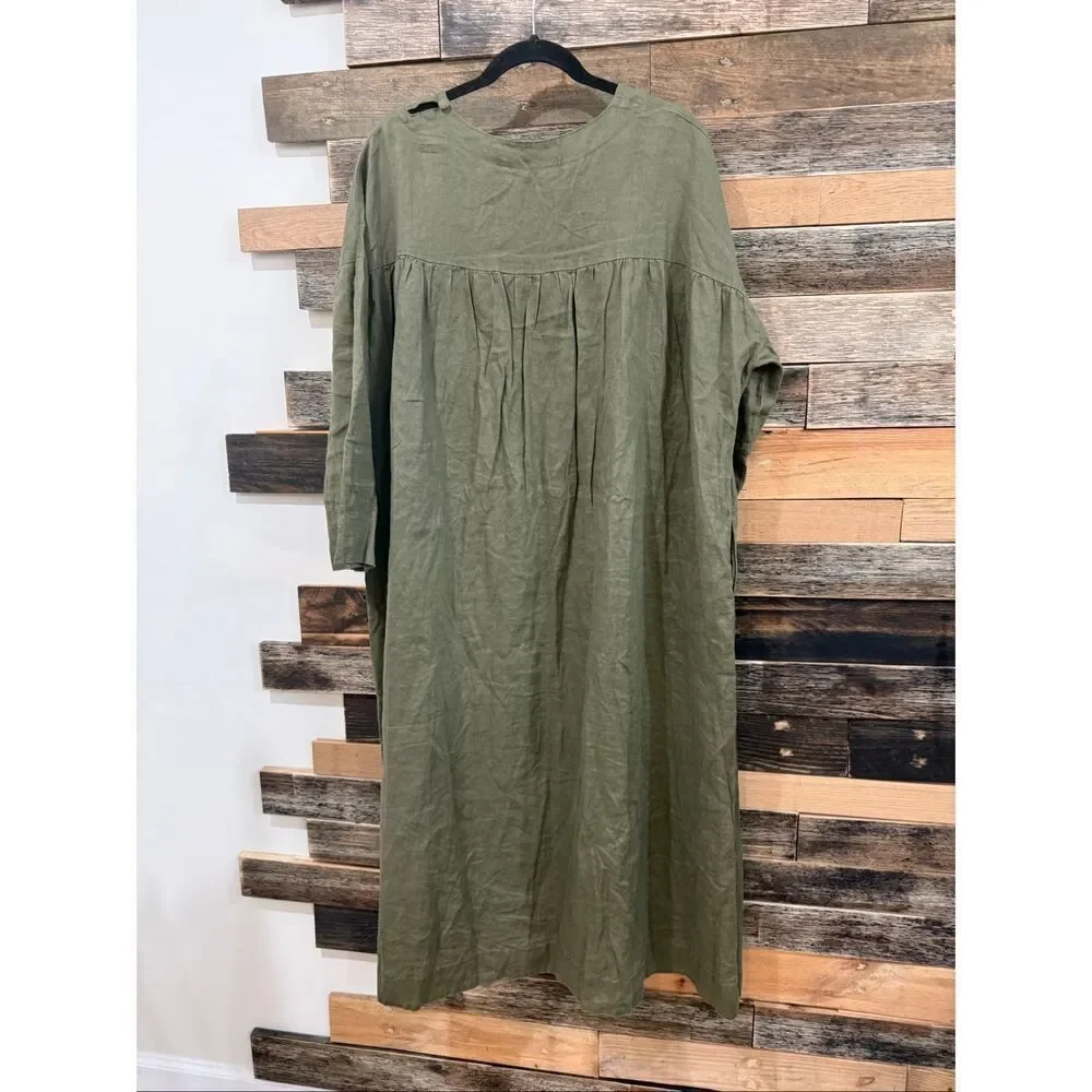 Linen Life green dress oversized boho lagenlook relaxed fit one size